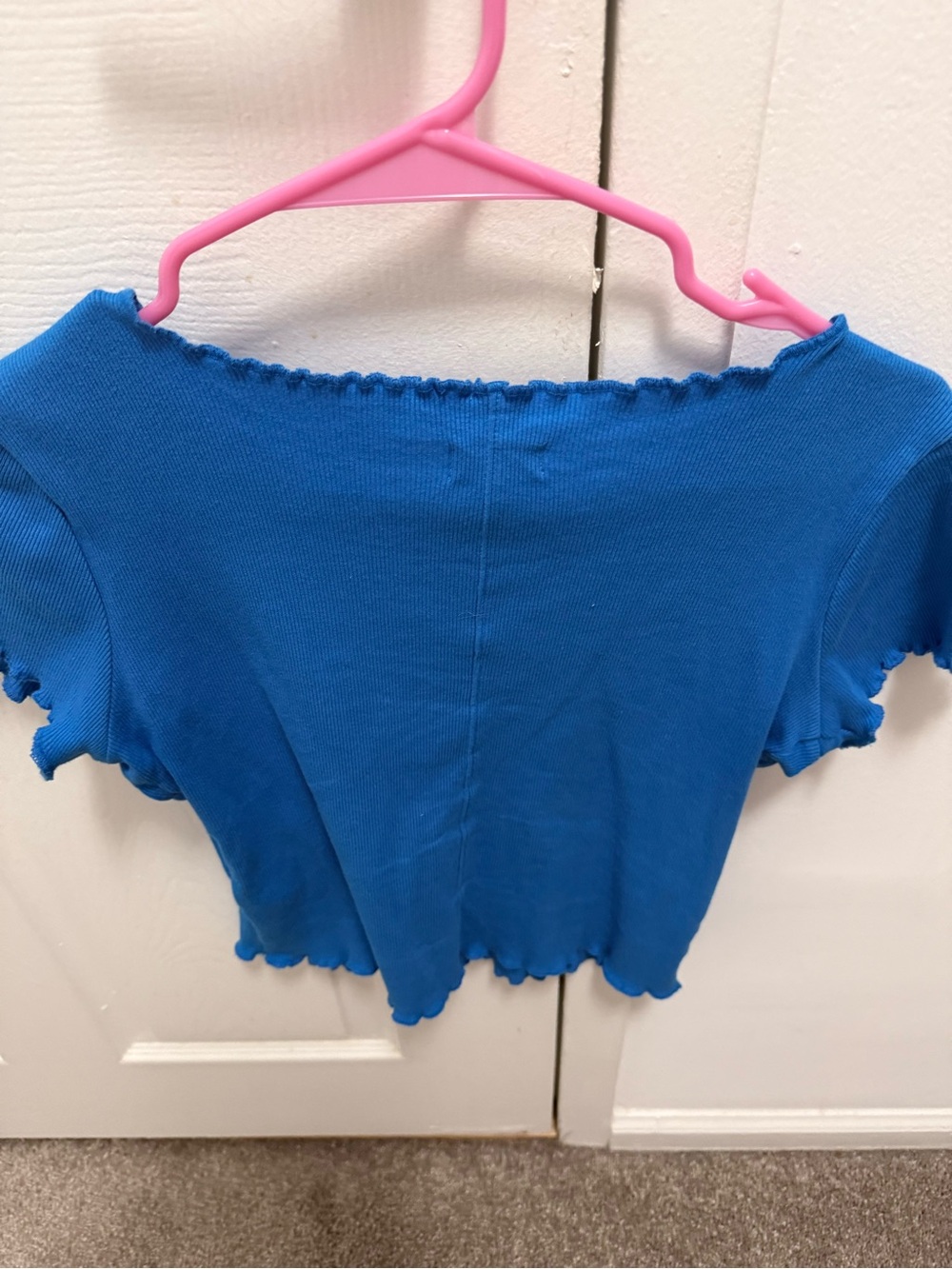 Pilcro Bright Turquoise Ribbed Lettuce-Edge Short Sleeve Top - Picture 2 of 3